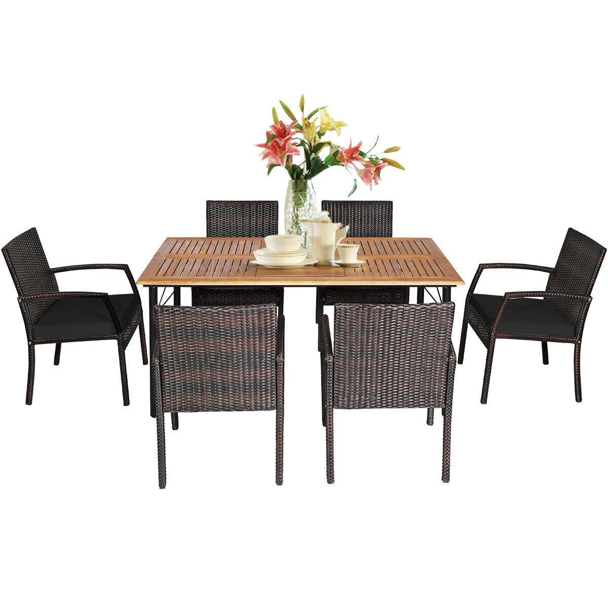 7 Pieces Patio Rattan Cushioned Dining Set with Umbrella Hole-Black at Set Shop and Smile