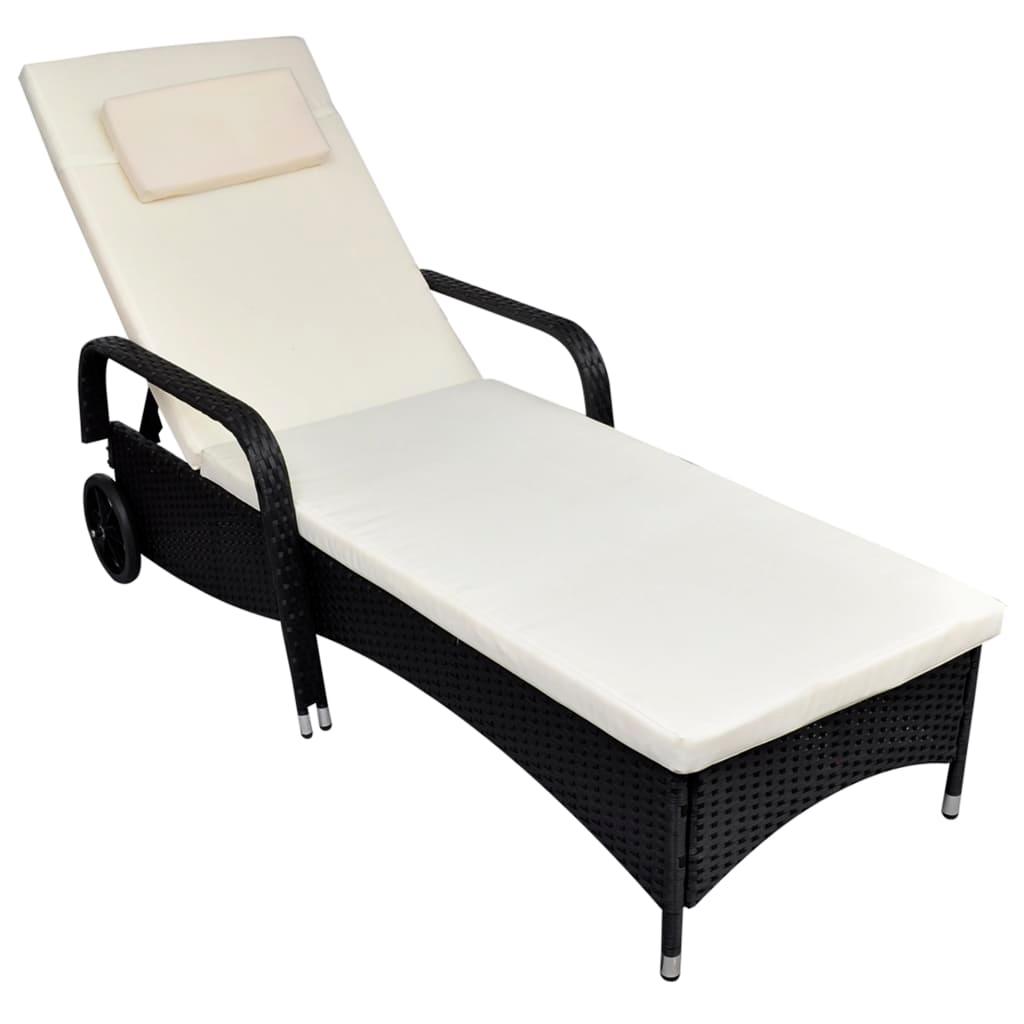 Sun Lounger with Cushion & Wheels Poly Rattan Black at Set Shop and Smile