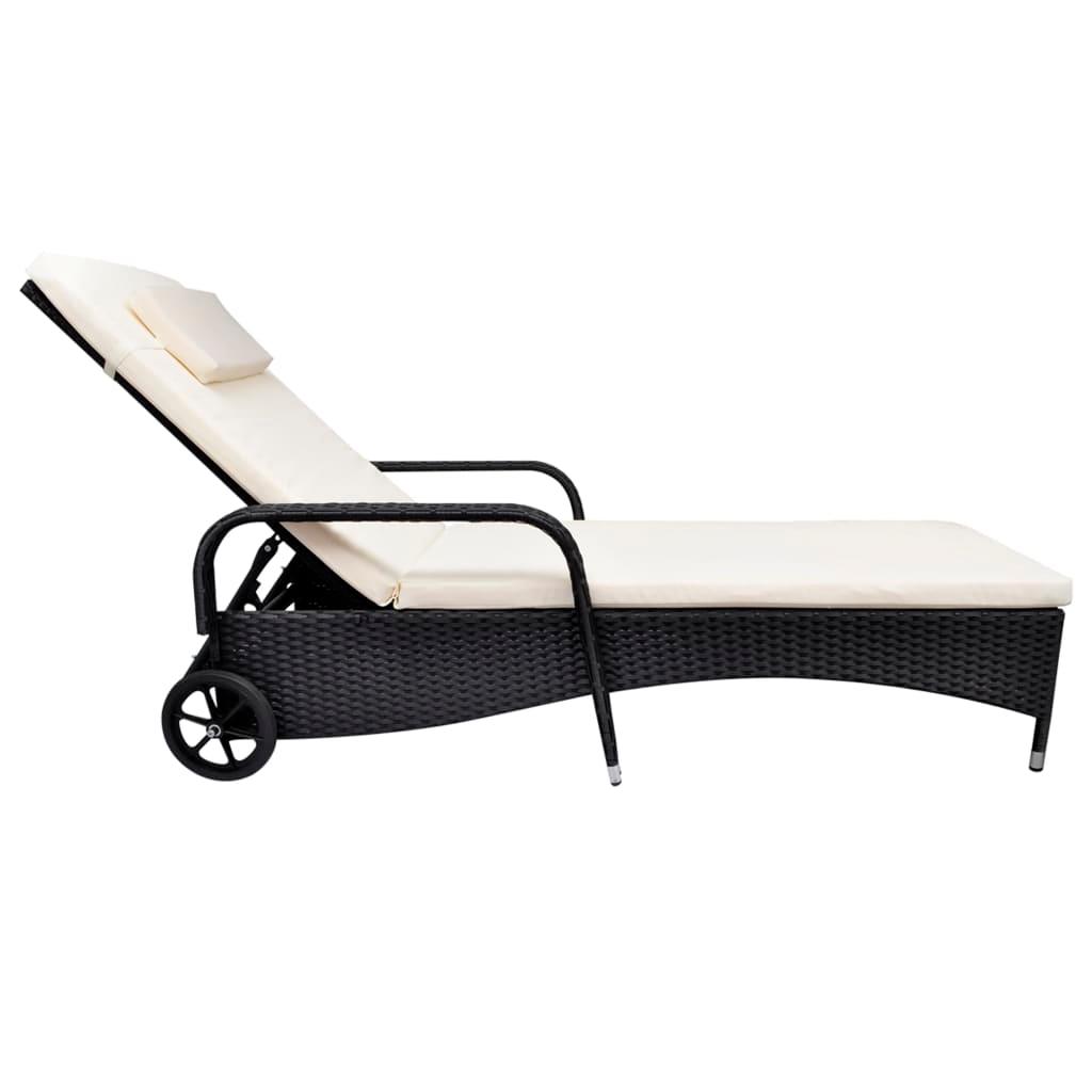 Sun Lounger with Cushion & Wheels Poly Rattan Black at Set Shop and Smile