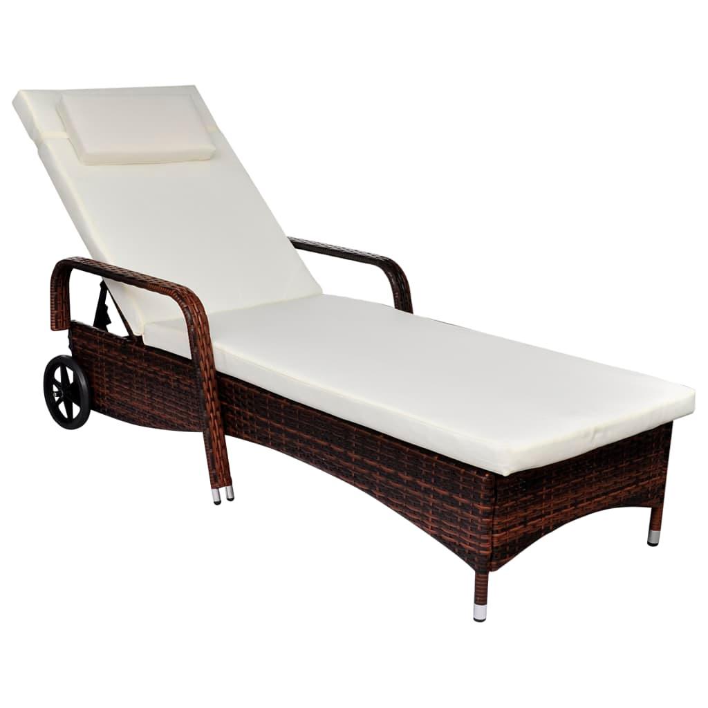 Sun Lounger with Cushion & Wheels Poly Rattan Brown at Set Shop and Smile