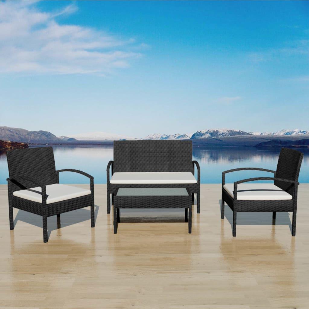 4 Piece Patio Lounge Set with Cushions Poly Rattan Black at Set Shop and Smile