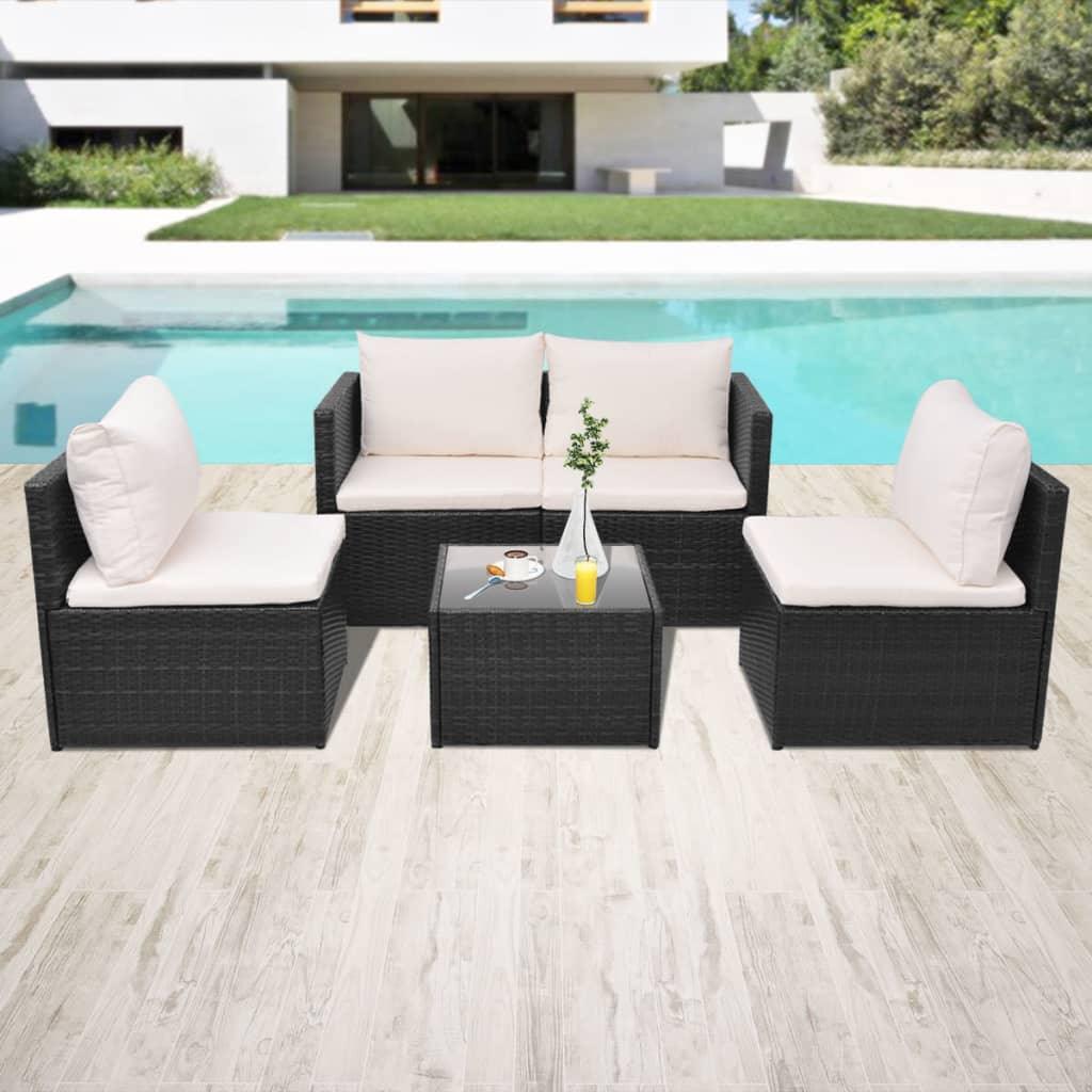 5 Piece Patio Lounge Set with Cushions Poly Rattan Black at Set Shop and Smile