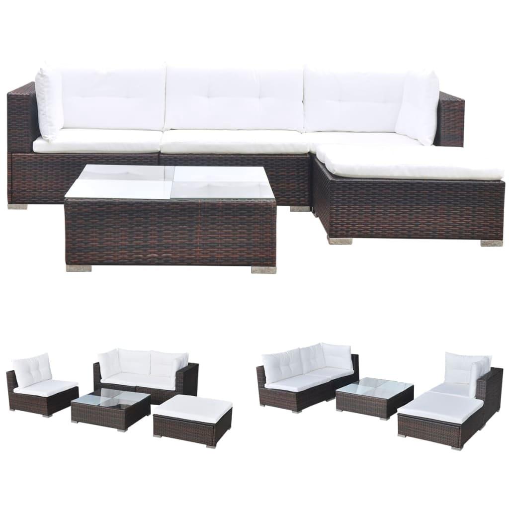 5 Piece Patio Lounge Set with Cushions Poly Rattan Brown at Set Shop and Smile