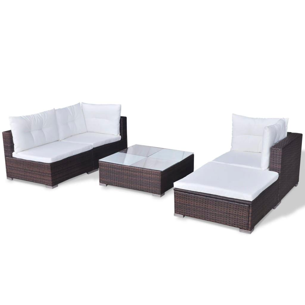 5 Piece Patio Lounge Set with Cushions Poly Rattan Brown at Set Shop and Smile