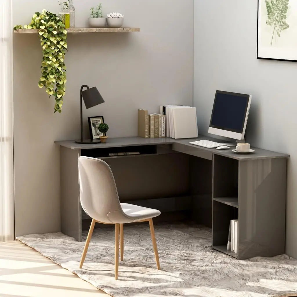 L-Shaped Corner Desk High Gloss Gray 47.2" x 55.1" x 29.5" Engineered Wood at Set Shop and Smile