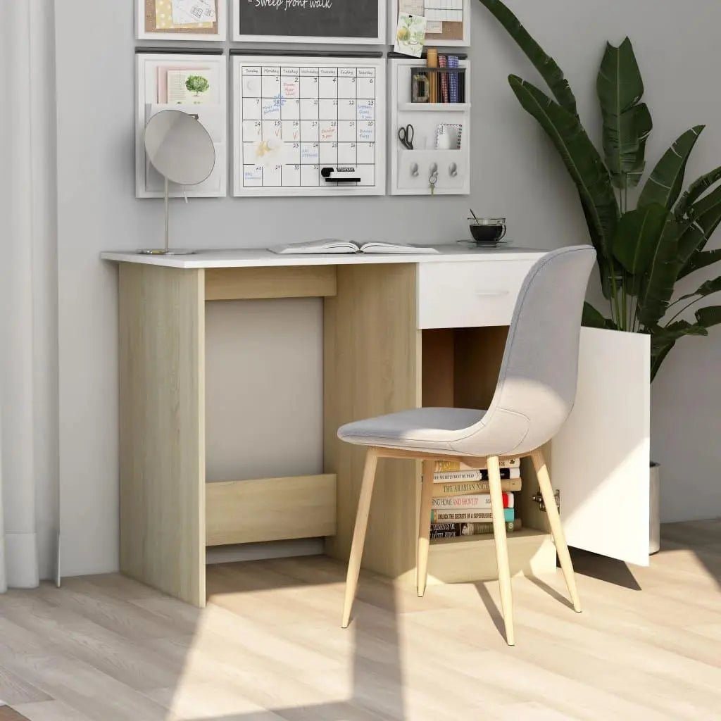 Desk White and Sonoma Oak 39.4"x19.7"x29.9" Engineered Wood at Set Shop and Smile