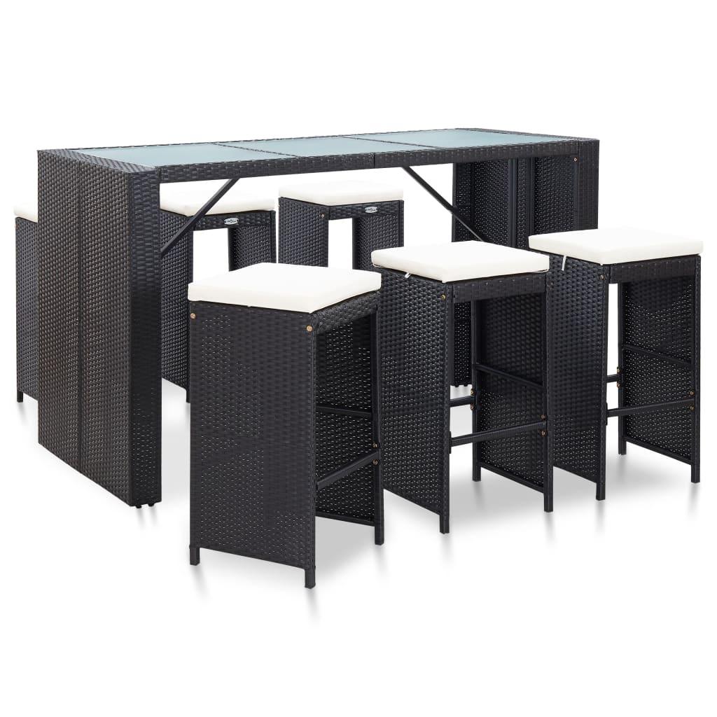 7 Piece Patio Bar Set with Cushions Poly Rattan Black at Set Shop and Smile
