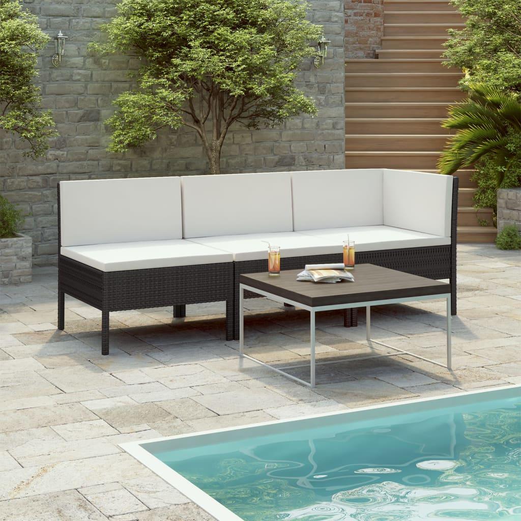 3 Piece Patio Lounge Set with Cushions Poly Rattan Black at Set Shop and Smile
