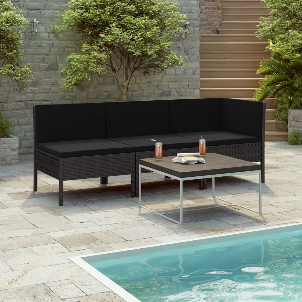 3 Piece Patio Lounge Set with Cushions Poly Rattan Black at Set Shop and Smile