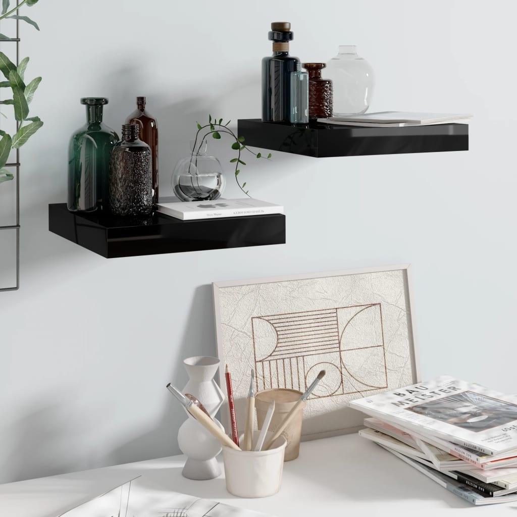 Floating Wall Shelves 2 pcs High Gloss Black 9.1"x9.3"x1.5" MDF at Set Shop and Smile