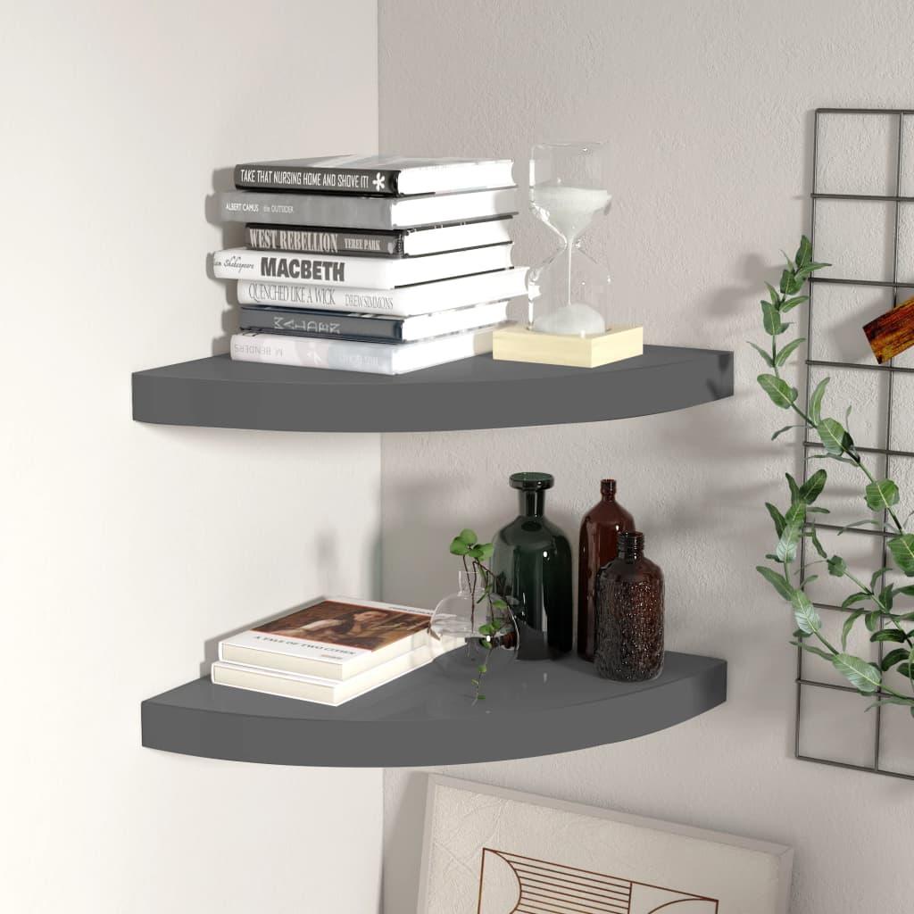 Floating Corner Shelves 2 pcs High Gloss Gray 13.8"x13.8"x1.5" MDF at Set Shop and Smile
