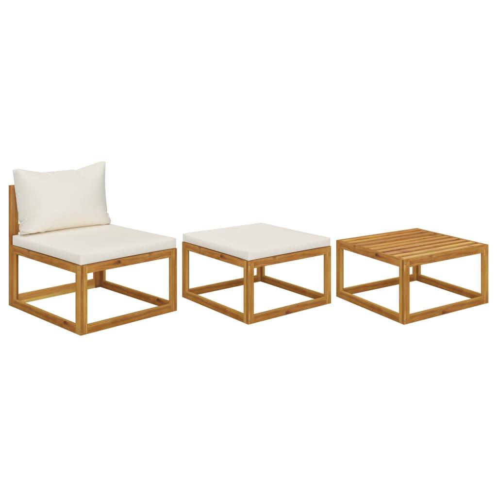 3 Piece Patio Lounge Set with Cream Cushions Solid Acacia Wood at Set Shop and Smile