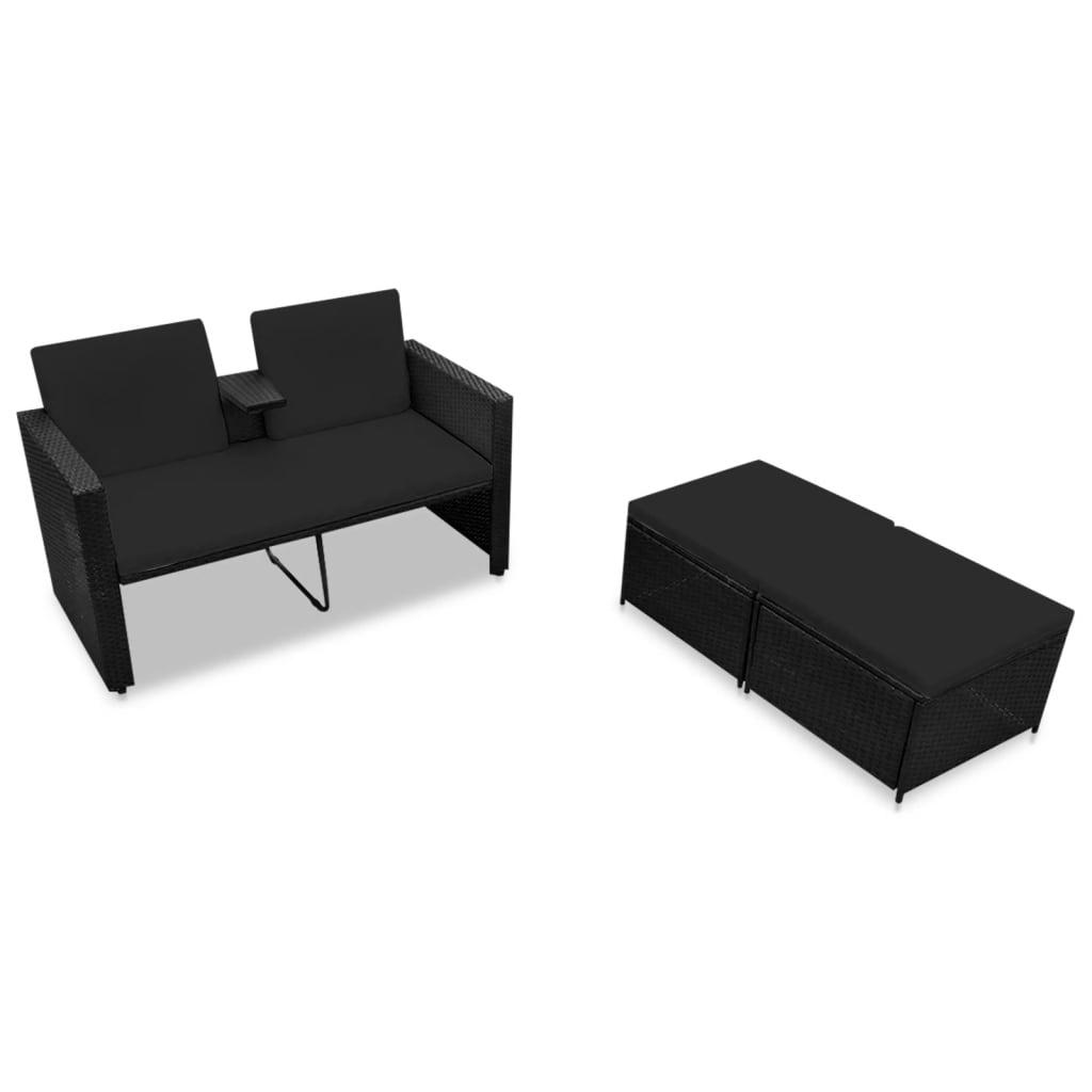 3 Piece Patio Lounge Set with Cushions Poly Rattan Black at Set Shop and Smile