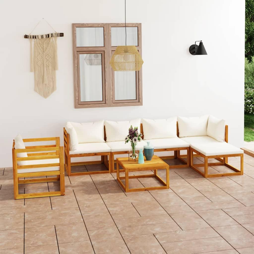 7 Piece Patio Lounge Set with Cushion Cream Solid Acacia Wood at Set Shop and Smile