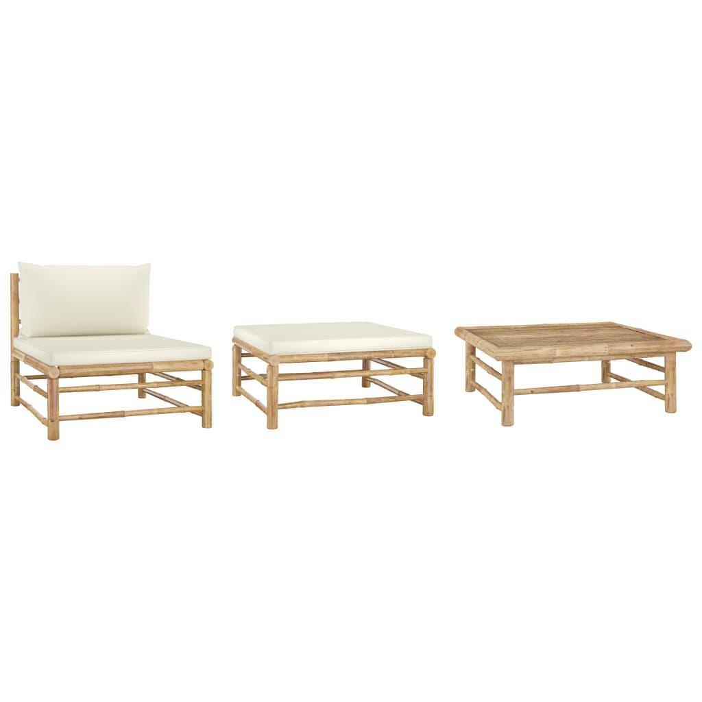 3 Piece Patio Lounge Set with Cream White Cushions Bamboo at Set Shop and Smile