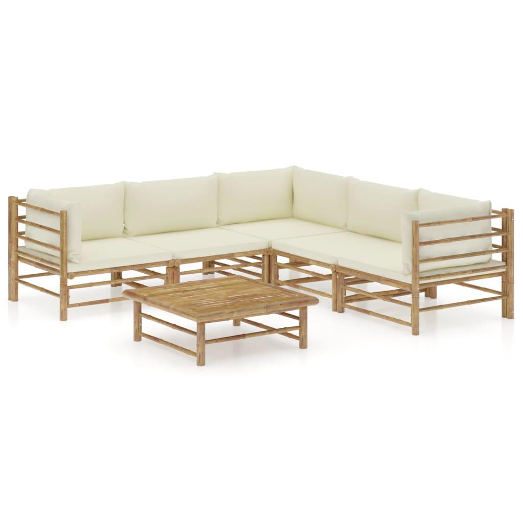 6 Piece Patio Lounge Set with Cream White Cushions Bamboo at Set Shop and Smile