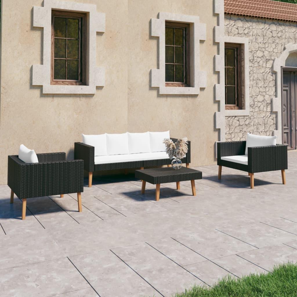 4 Piece Patio Lounge Set with Cushions Poly Rattan Black at Set Shop and Smile