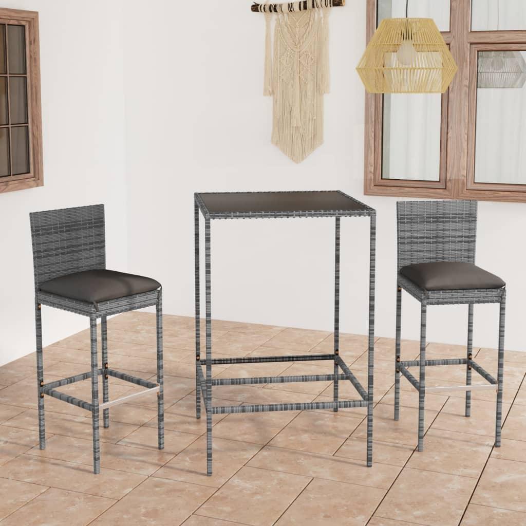 3 Piece Patio Bar Set with Cushions Poly Rattan Gray at Set Shop and Smile
