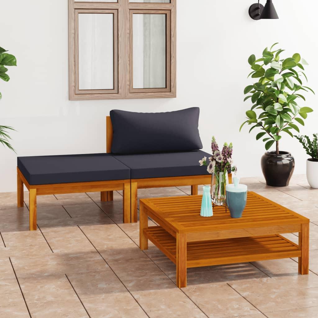 3 Piece Patio Lounge Set with Dark Gray Cushions Acacia Wood at Set Shop and Smile