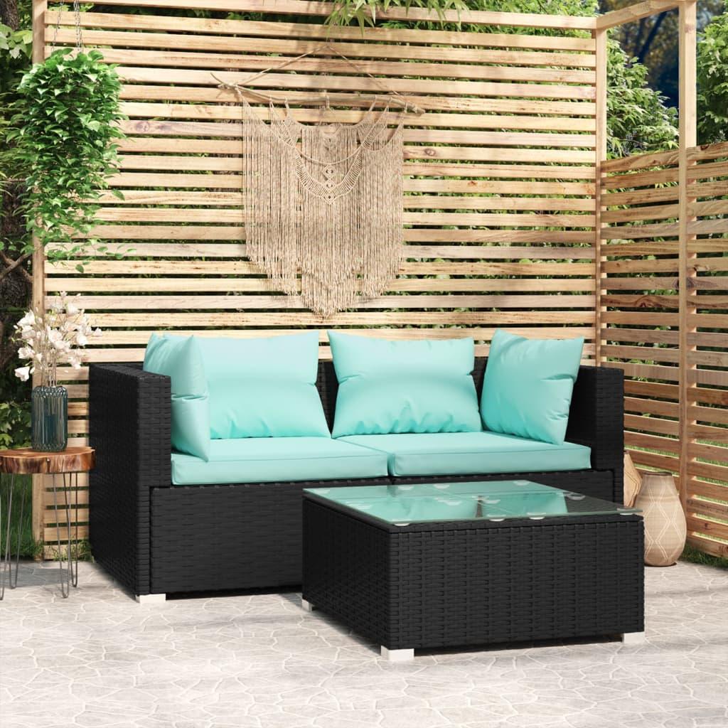 3 Piece Patio Lounge Set with Cushions Black Poly Rattan at Set Shop and Smile