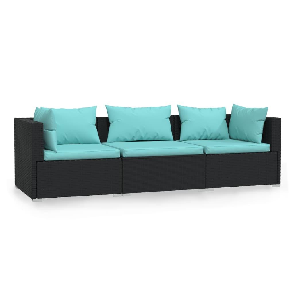 3-Seater Sofa with Cushions Black Poly Rattan at Set Shop and Smile