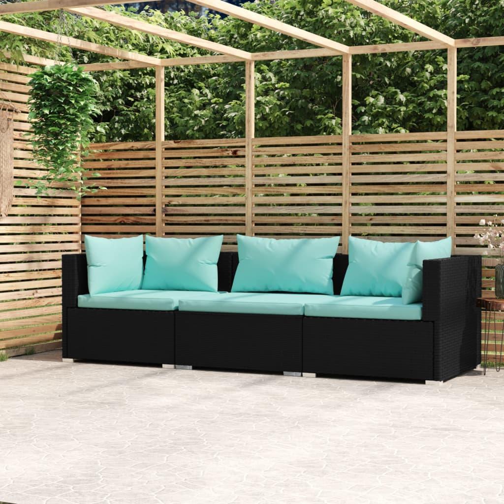 3-Seater Sofa with Cushions Black Poly Rattan at Set Shop and Smile