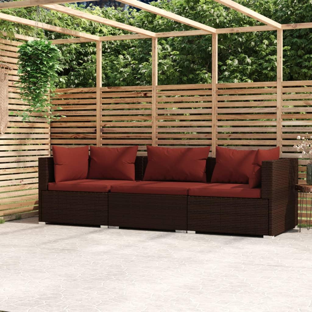 3-Seater Sofa with Cushions Brown Poly Rattan at Set Shop and Smile
