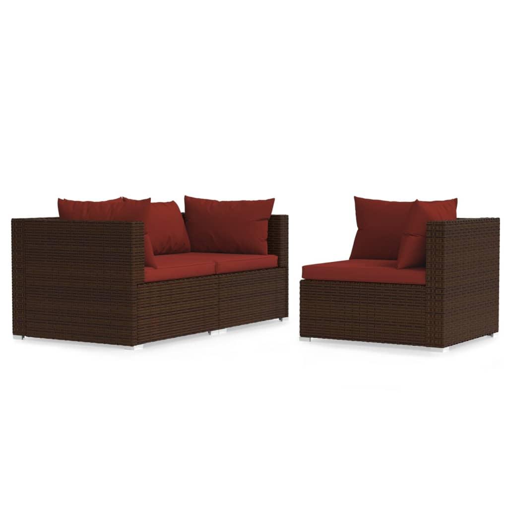 3 Piece Patio Lounge Set with Cushions Brown Poly Rattan at Set Shop and Smile