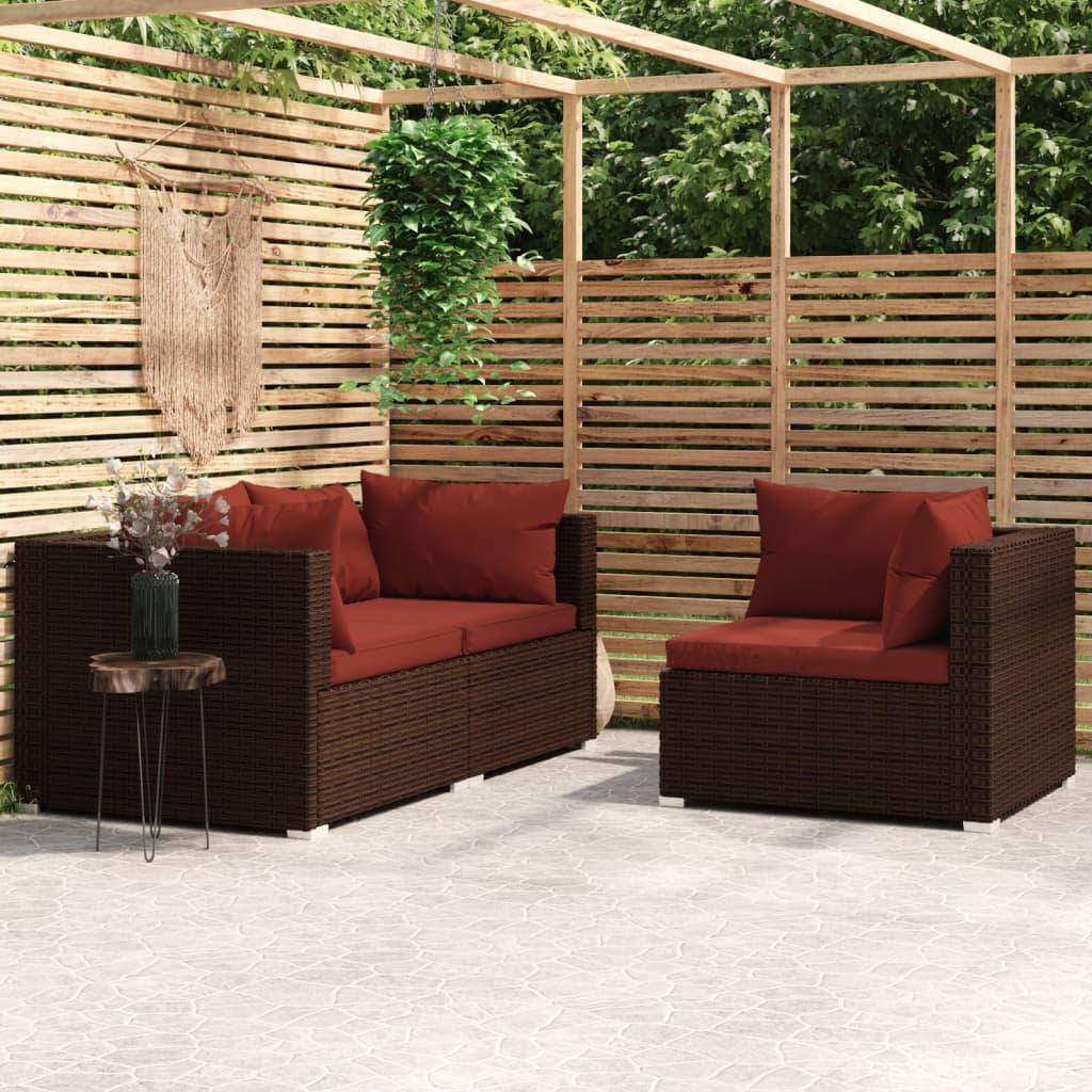 3 Piece Patio Lounge Set with Cushions Brown Poly Rattan at Set Shop and Smile