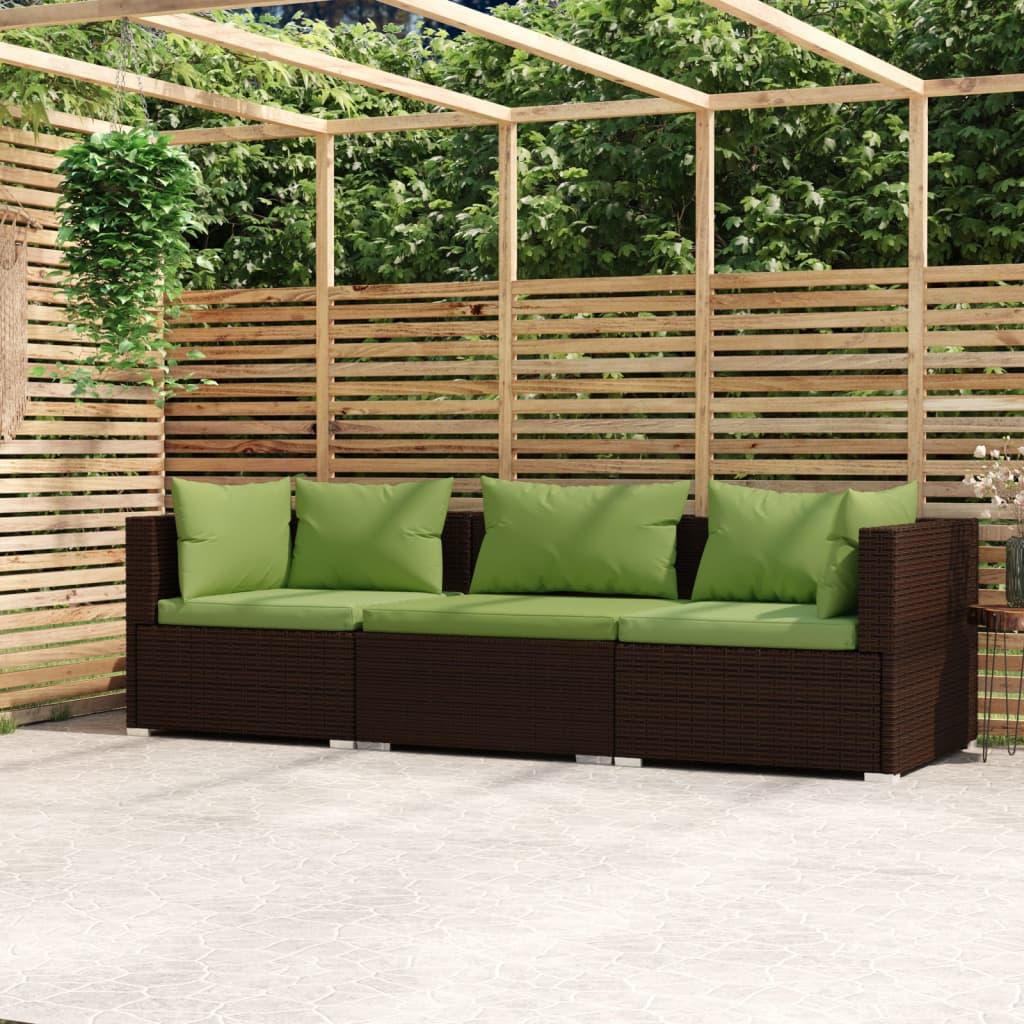 3-Seater Sofa with Cushions Brown Poly Rattan at Set Shop and Smile