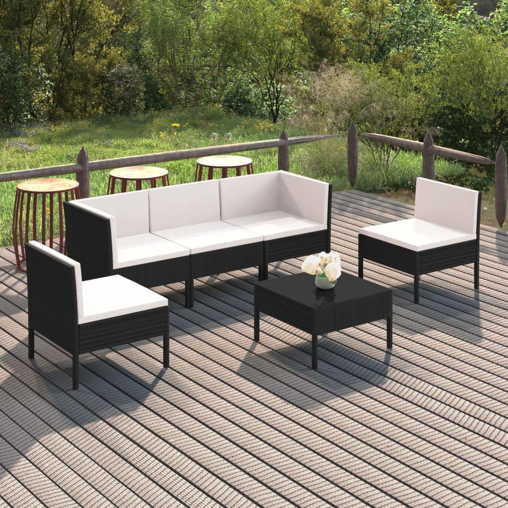 6 Piece Patio Lounge Set with Cushions Poly Rattan Black at Set Shop and Smile