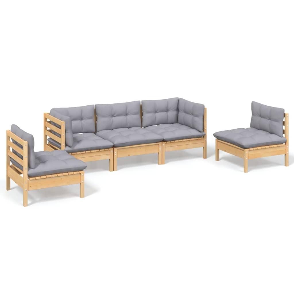 5 Piece Patio Lounge Set with Gray Cushions Solid Pinewood at Set Shop and Smile