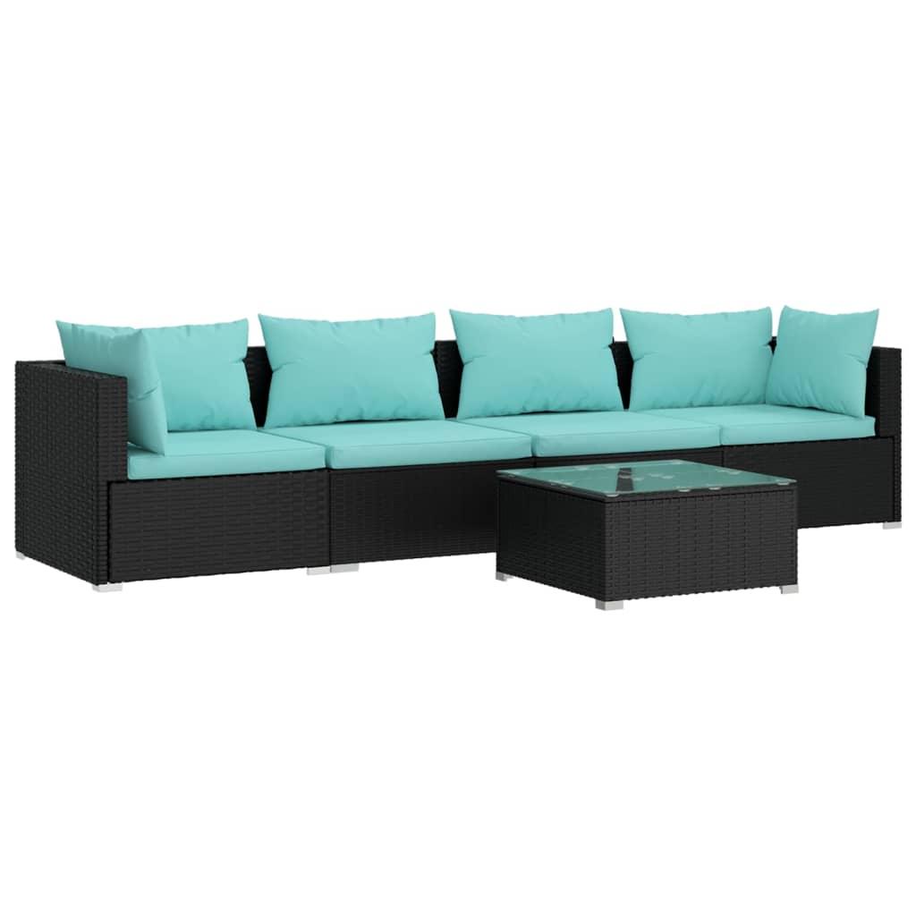 5 Piece Patio Lounge Set with Cushions Poly Rattan Black at Set Shop and Smile