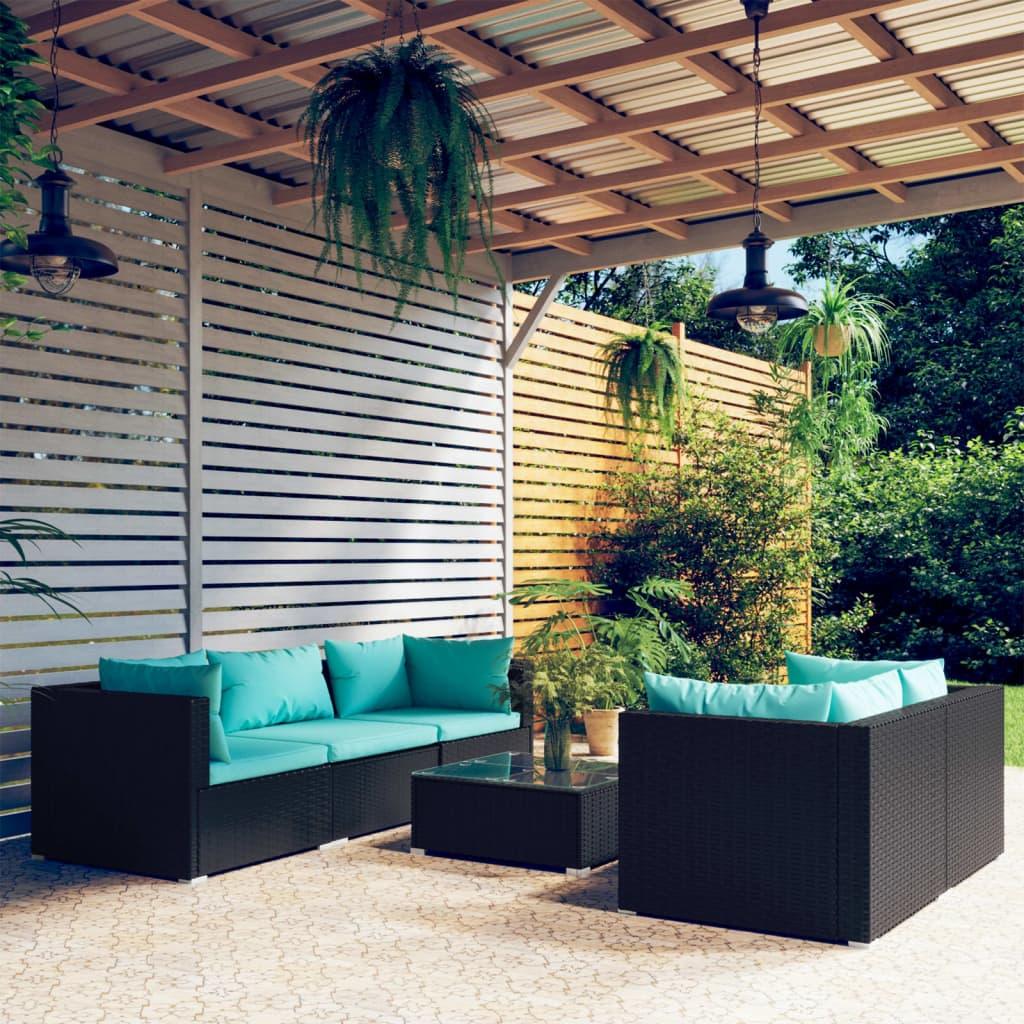 6 Piece Patio Lounge Set with Cushions Poly Rattan Black at Set Shop and Smile