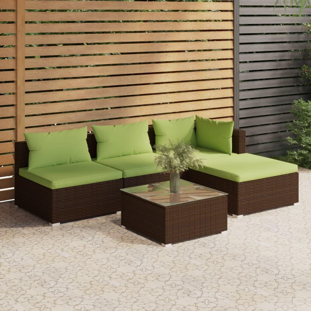 5 Piece Patio Lounge Set with Cushions Poly Rattan Brown at Set Shop and Smile
