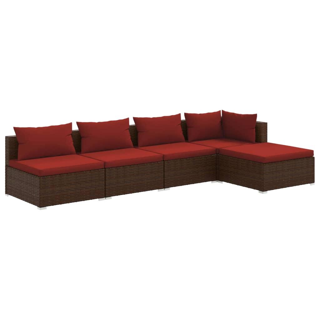 5 Piece Patio Lounge Set with Cushions Poly Rattan Brown at Set Shop and Smile