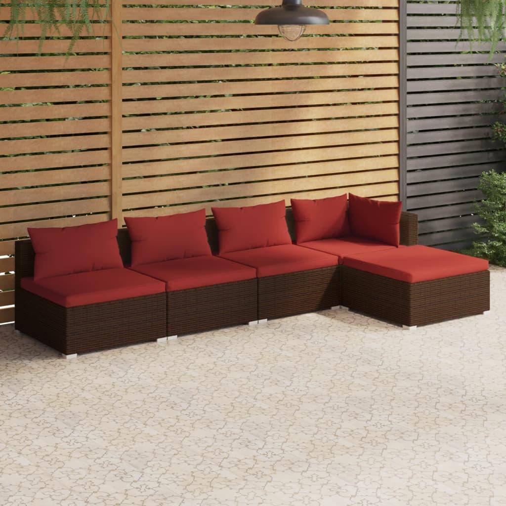 5 Piece Patio Lounge Set with Cushions Poly Rattan Brown at Set Shop and Smile