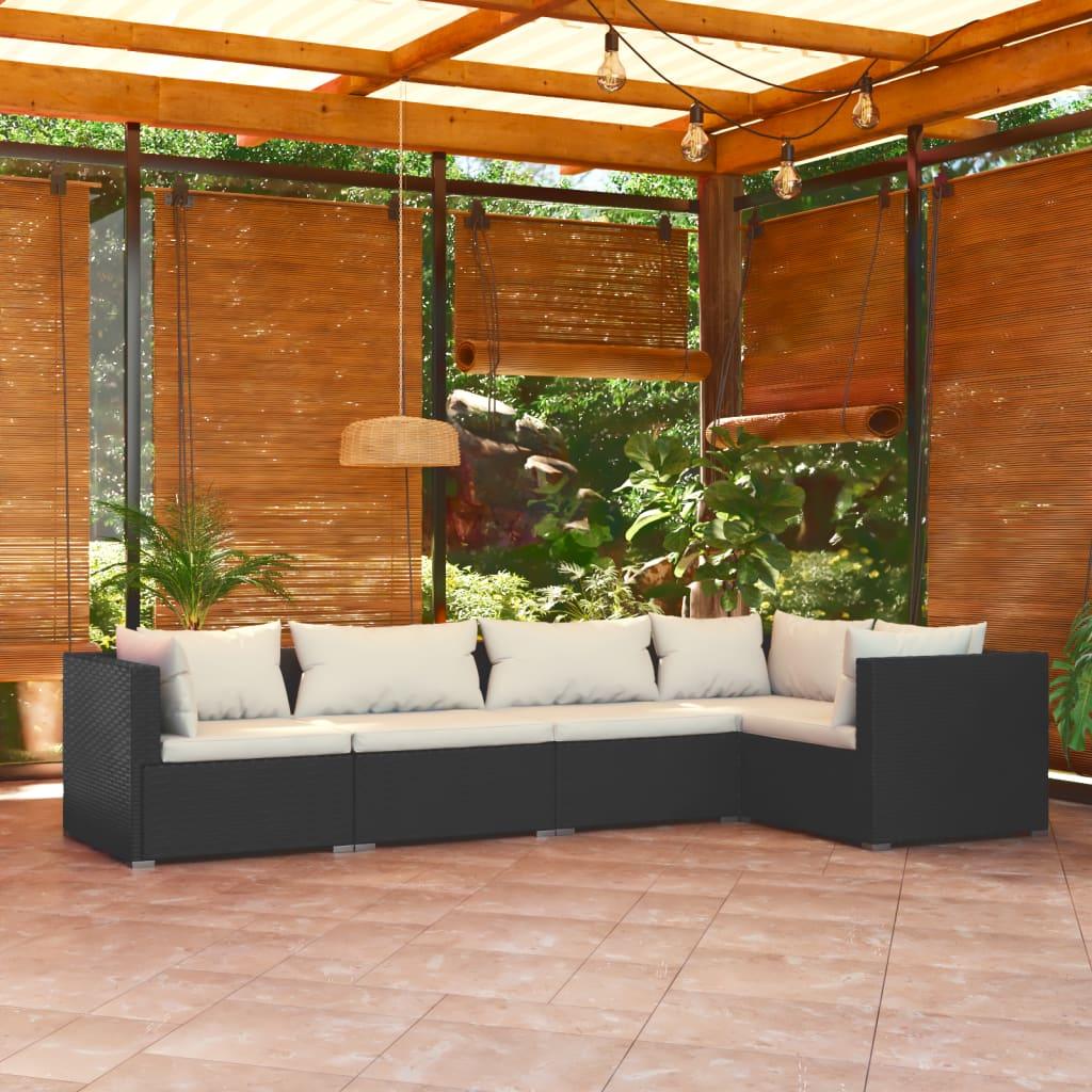 5 Piece Patio Lounge Set with Cushions Poly Rattan Black at Set Shop and Smile