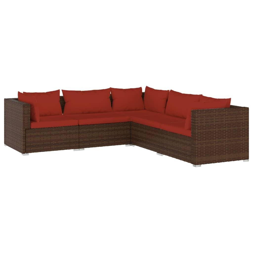 5 Piece Patio Lounge Set with Cushions Poly Rattan Brown at Set Shop and Smile