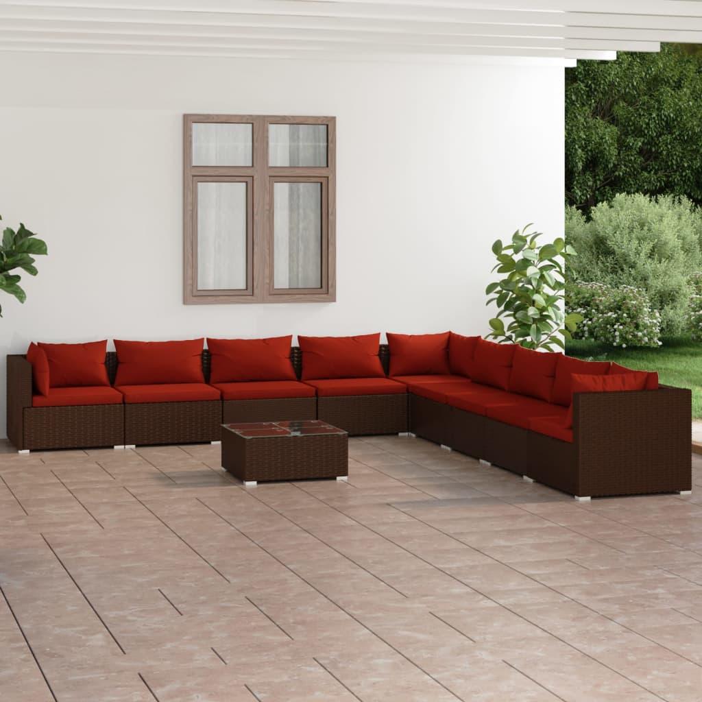 10 Piece Patio Lounge Set with Cushions Poly Rattan Brown at Set Shop and Smile