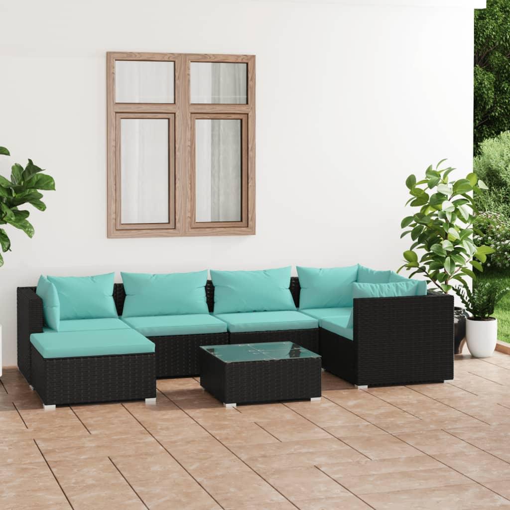 7 Piece Patio Lounge Set with Cushions Poly Rattan Black at Set Shop and Smile
