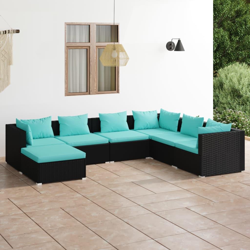 7 Piece Patio Lounge Set with Cushions Poly Rattan Black at Set Shop and Smile