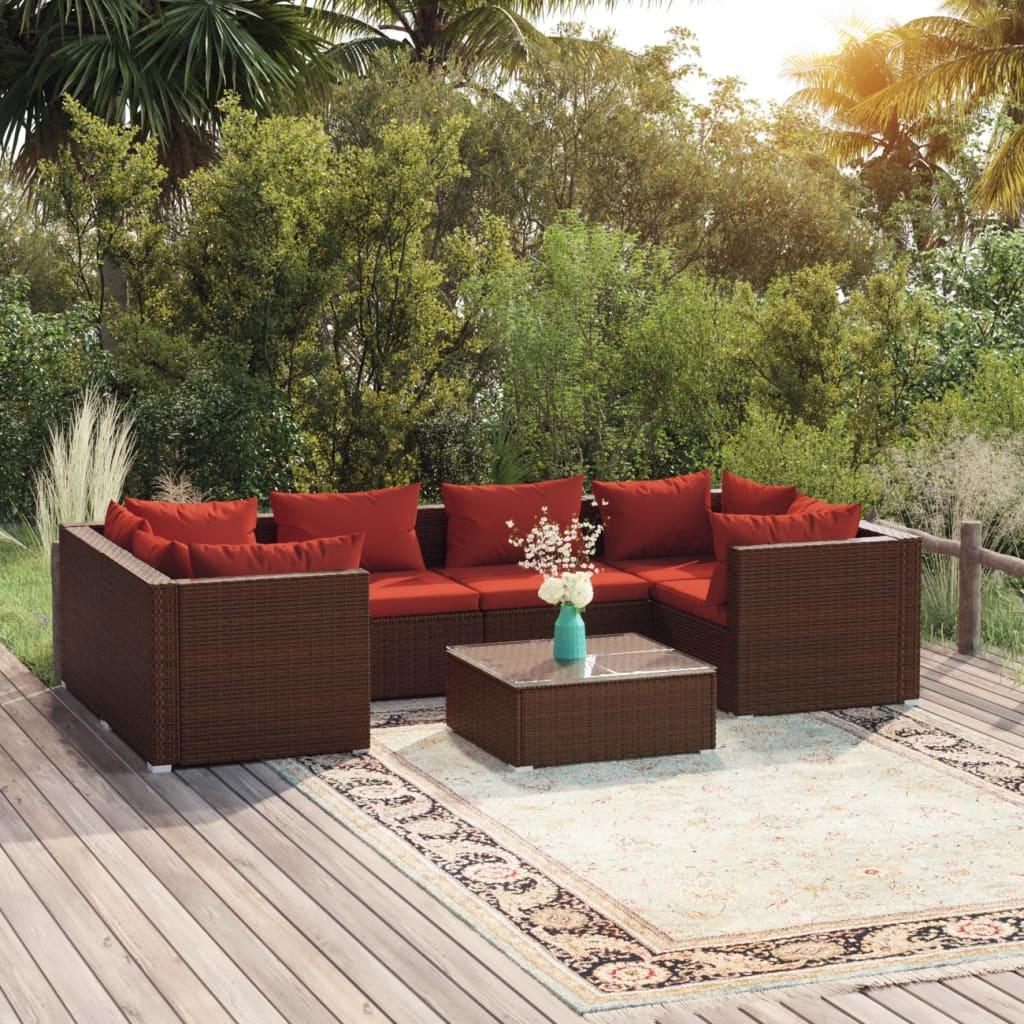 7 Piece Patio Lounge Set with Cushions Poly Rattan Brown at Set Shop and Smile