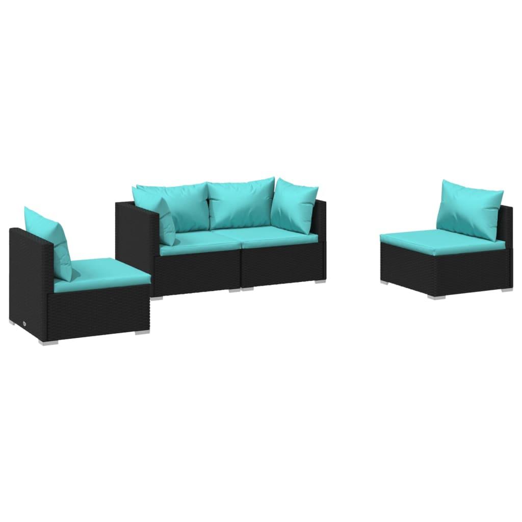 4 Piece Patio Lounge Set with Cushions Poly Rattan Black at Set Shop and Smile