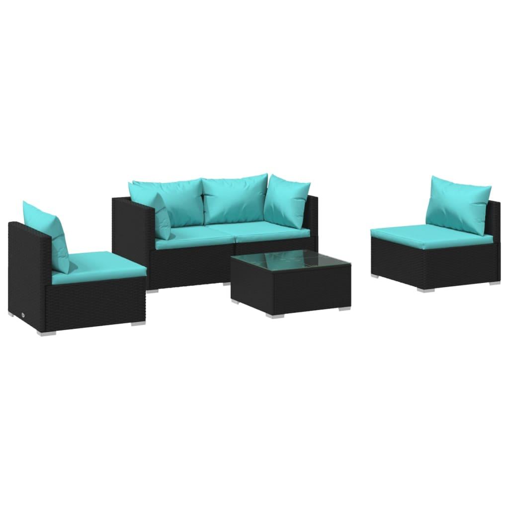 5 Piece Patio Lounge Set with Cushions Poly Rattan Black at Set Shop and Smile