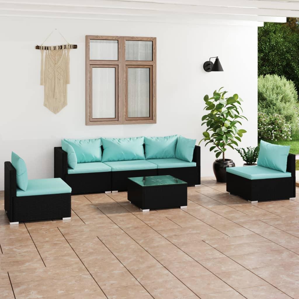 6 Piece Patio Lounge Set with Cushions Poly Rattan Black at Set Shop and Smile