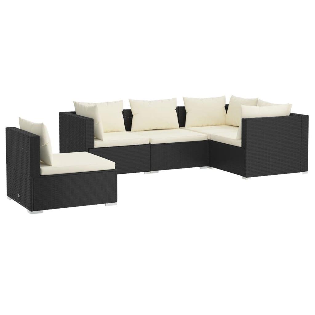 5 Piece Patio Lounge Set with Cushions Poly Rattan Black at Set Shop and Smile