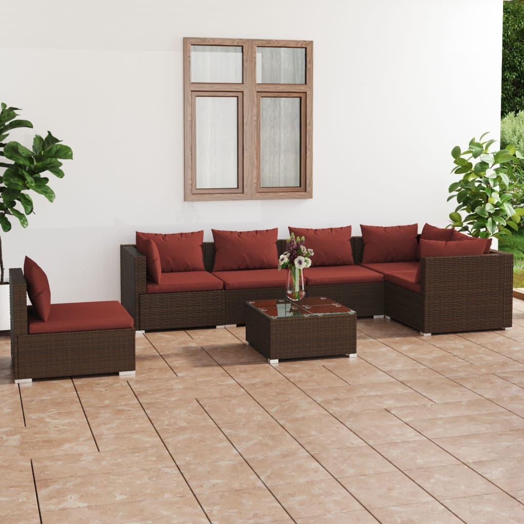 7 Piece Patio Lounge Set with Cushions Poly Rattan Brown at Set Shop and Smile