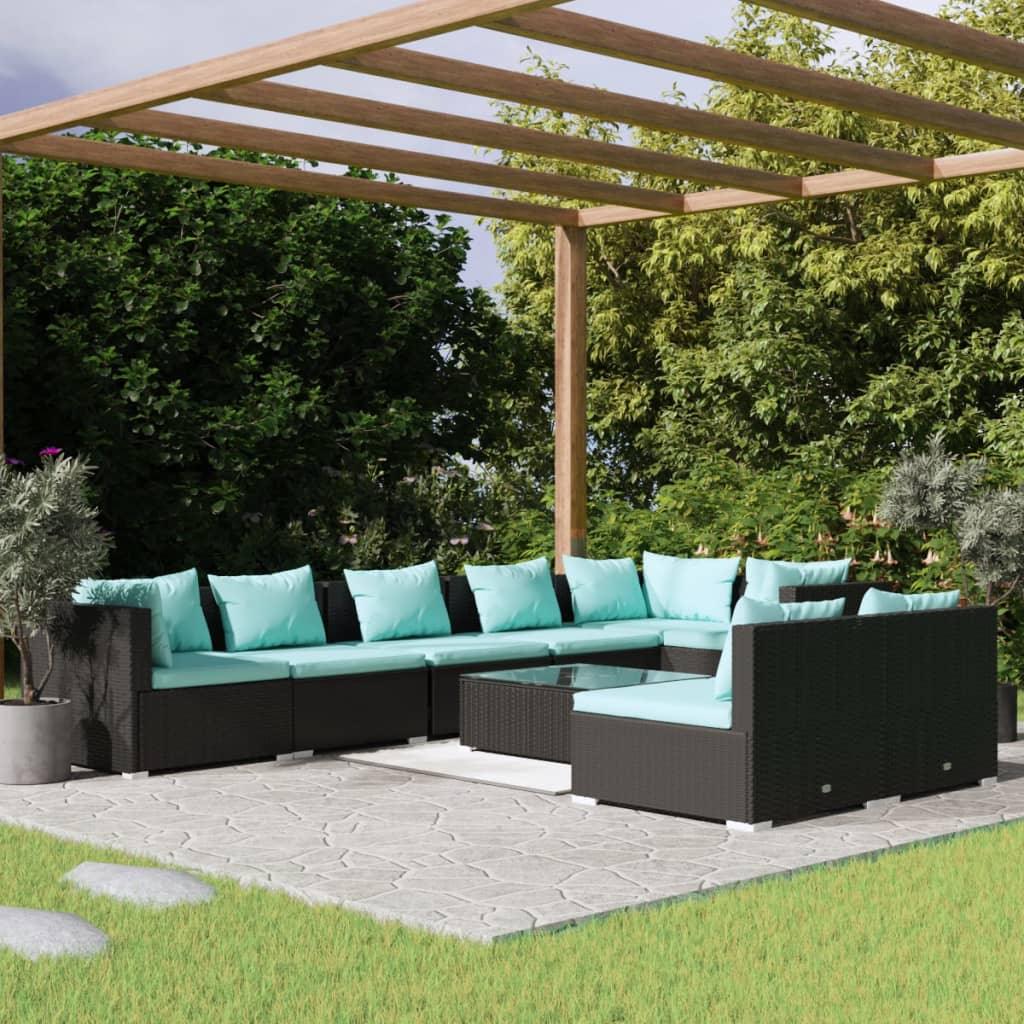 9 Piece Patio Lounge Set with Cushions Black Poly Rattan at Set Shop and Smile