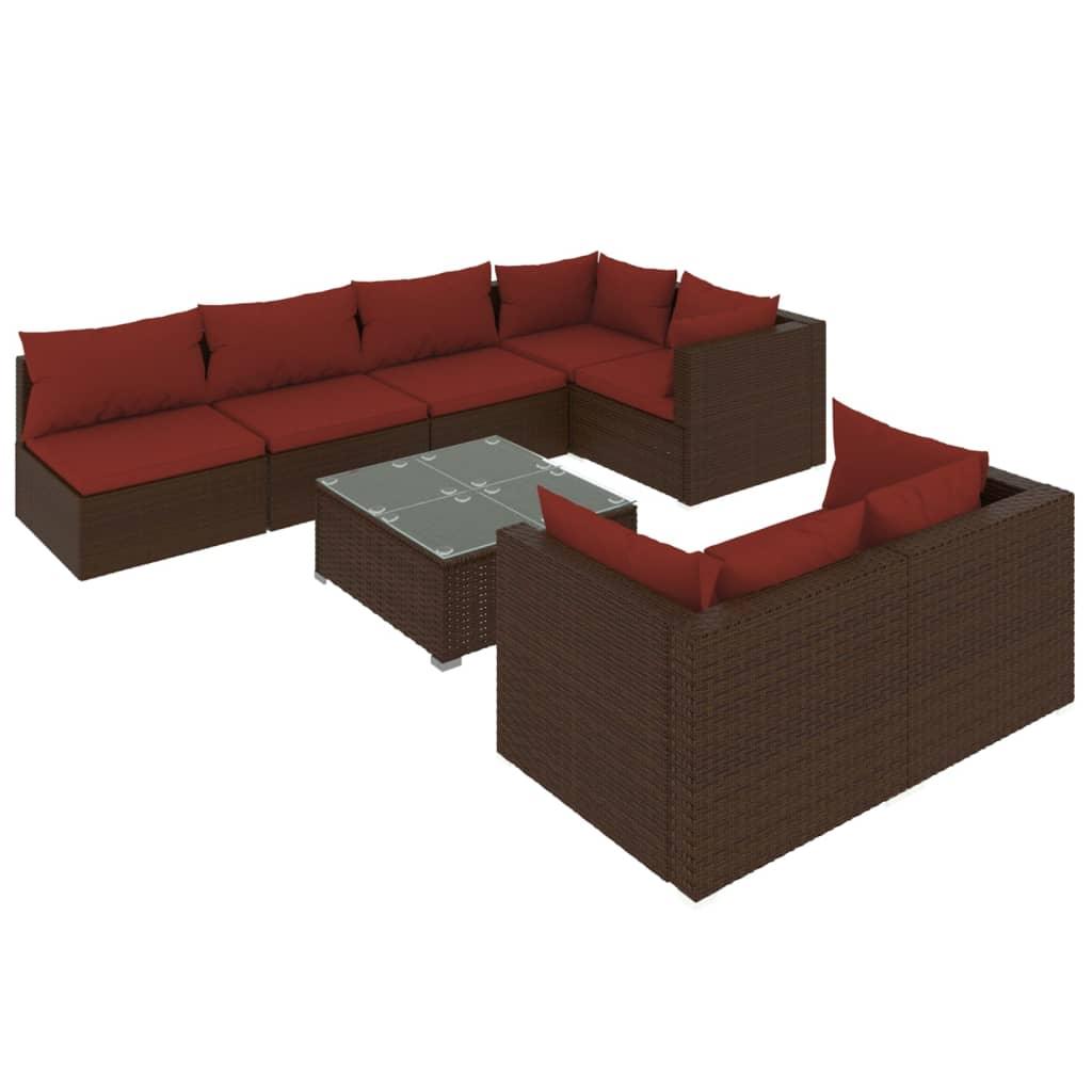 8 Piece Patio Lounge Set with Cushions Brown Poly Rattan at Set Shop and Smile